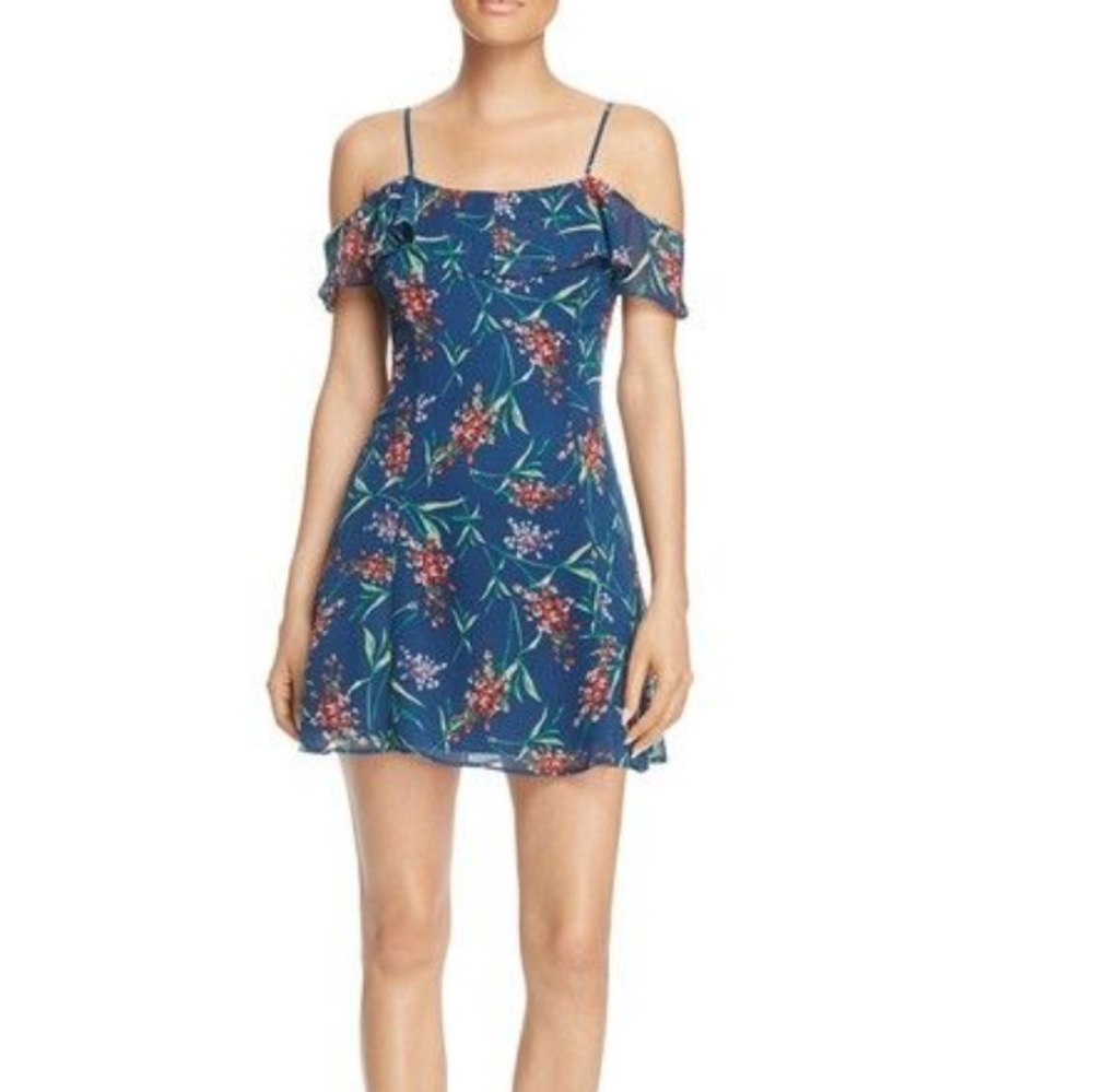 Wayf blue floral dress with off the shoulder ruffle sleeves size small.